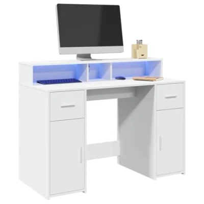 Image of vidaXL Desk with LED Lights Modern Engineered Wood Writing Table 120x55x91 cm White Home Office/Gaming Workspace Furniture