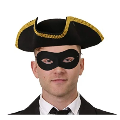 Image of ADULTS HIGHWAYMAN DICK TURPIN FANCY DRESS HIGHWAY MAN TRICORN HAT WITH GOLD TRIM AND MASK PERFECT FOR SCHOOL BOOK WEEK WORLD DAY OR ANY PARTY AVAILABLE IN ONE SIZE (GOLD TRIM)