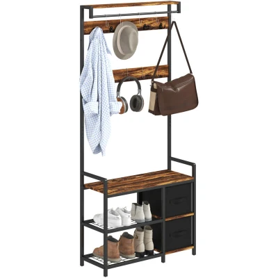 Image of HOMCOM Coat Rack with Bench and Shoe Storage, 4 in 1 Stand 15 Hooks, 2 Fabric Drawers for Hallway, Living Room, Bedroom, Rustic Brown