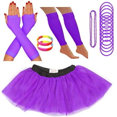 Image of REDSTAR FANCY DRESS Neon Tutu Skirt Leg Warmers Fishnet Gloves Necklace Beads Gummy Bracelets and Wrist (14 22 UK, Purple)