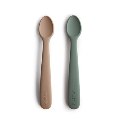 Image of Mushie Baby Feeding Spoons BPA Free Silicone 2 Pack Dishwasher Safe Durable Toddler Utensils Dried Thyme