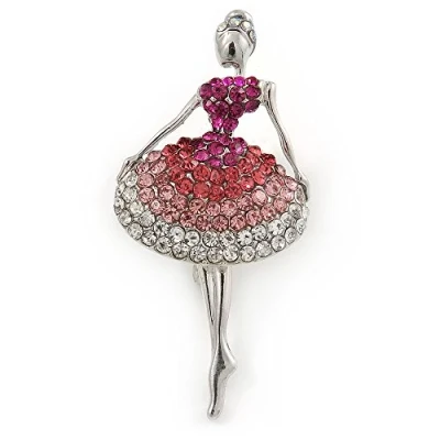 Image of Avalaya Clear/Pink/Magenta Crystal Ballerina Brooch in Silver Tone Metal 57mm L