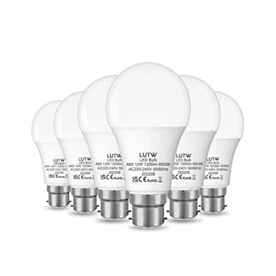 Image of LUTW B22 LED Light Bulbs Bayonet, 100W Equivalent, Cool White 6500K, 12W 1200lm Bulbs, BC GLS Energy Saving Non dimmable, Pack of 6