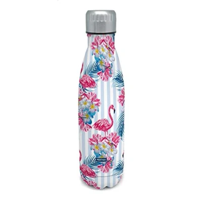 Image of Nerthus Double wall flask for hot and cold liquids. BPA 500 ml stainless steel, with flamingos design, Original