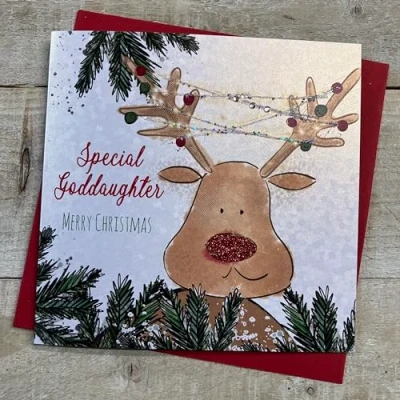 Image of WHITE COTTON CARDS SPECIAL GODDAUGHTER REINDEER CHRISTMAS CARD, HAND FINISHED (C23 79)