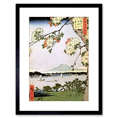 Image of Wee Blue Coo Japanese Woodblock Cherry Blossom Ships On Water Framed Wall Art Print