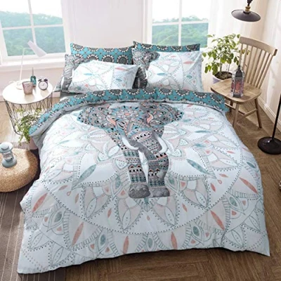 Image of Sleepdown Elephant Mandala Teal Bed Reversable Quilt Duvet Cover Set Easy Care Anti Allergic Soft &amp; Smooth with Pillow Cases (Single)