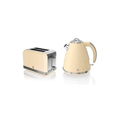 Image of Swan, STP7040CN, Retro 1.5L Jug Kettle &amp; 2 Slice Toaster, Stainless Steel Body, 3kw, Slide Out Crumb Tray, Auto Centering (Cream)