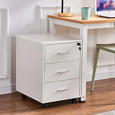 Image of BonChoice 3 Drawers Mobile File Cabinets Pedestal Lockable Office Filing Cabinet with 4 Rolling Casters, Wood Under Desk Storage for A4 Paper