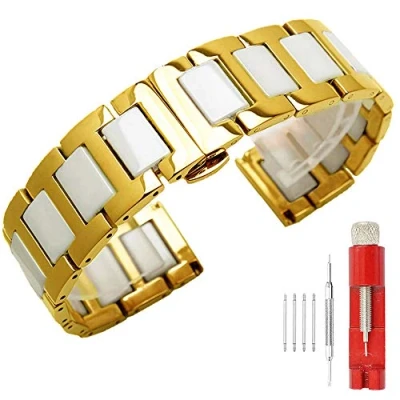 Image of Kai Tian White Ceramic Watch Band Replacement 16mm Wrist Strap The Bands Gold Stainless Steel Butterfly Clasp Ladies Bracelet