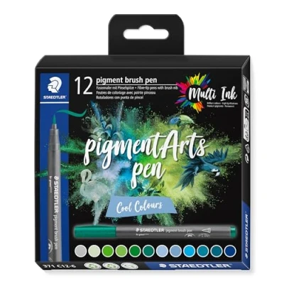 Image of STAEDTLER 371 C12 6 Pigment Arts Brush Pen Assorted Cool Colours (Pack of 12)