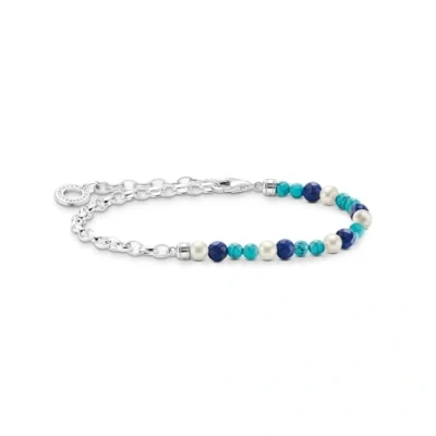 Image of Thomas Sabo A2100 056 7 Charm Bracelet with Blue Beads and White Pearls in 925 Sterling Silver