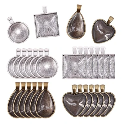 Image of GLARKS 48 Pieces 4 Styles Pendant Trays 24pcs Round &amp; Square Heart Teardrop and Bright Glass Cabochon Dome Tiles for Crafting DIY Jewelry Gift Making