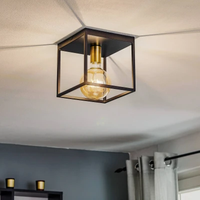 Image of Lucide Flush Ceiling Light, Metal, E27, 40 W, Black, Satin Brass
