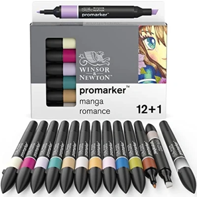 Image of Winsor &amp; Newton ProMarker, Manga Romance, Set of 12 + Free Blender, Alcohol Based Dual Tip Markers for Artists