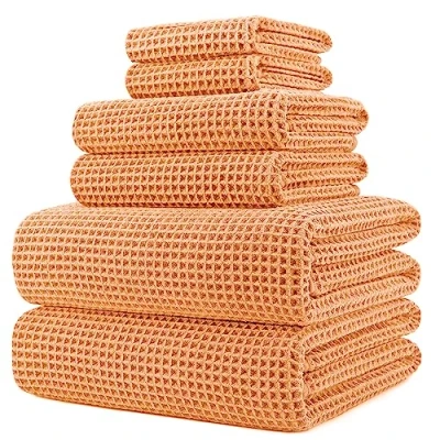Image of POLYTE Microfibre Oversize, 76 x 152 cm, Quick Dry Lint Free Bath Towel Set, 6 Piece (Orange, Waffle Weave)