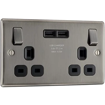 Image of BG Electrical Double Switched Power Socket with Two USB Charging Ports, 13 Amp, Brushed Iridium Black