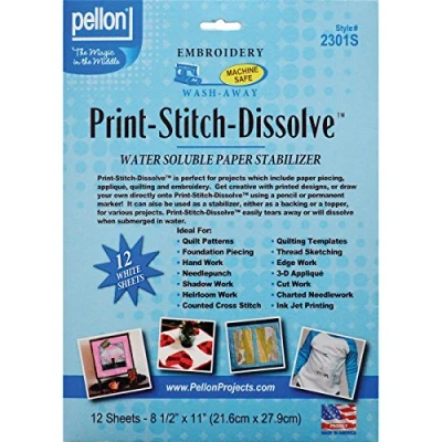 Image of Pellon Print, Stitch, Dissolve Embroidery Paper Stabilizer, 8.5 x 11 Inches 12/Pkg, White, 8.5x11