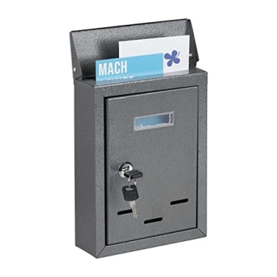 Image of Relaxdays Letter Name Plate, Metal, Lockable, 2 Keys, Post Box, HWD: 26.5 x 19 6.5 cm, Wall Mounted, Grey, Iron