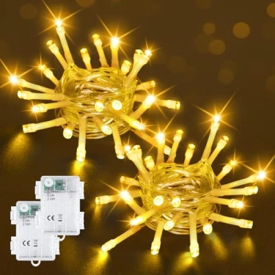 Image of Bowfar Battery Fairy Lights, 2M 20 LED Warm White Lights Operated with 6h Timer, Waterproof Christmas String for Garden Indoor Outdoor Decorations(2 Pack, Clear Cable)