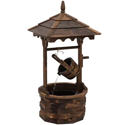 Image of Outsunny Wooden Garden Wishing Well Fountain Barrel Waterfall Rustic Wood with Pump Décor Ornament