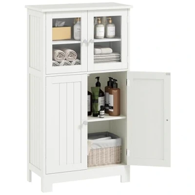Image of kleankin Bathroom Floor Cabinet, Freestanding Kitchen Cupboard with 2 Drawers, Adjustable Shelves and Tempered Glass Door, Wooden Storage Unit for Living Room Hallway
