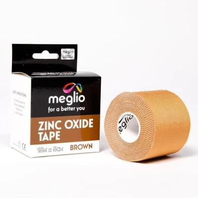 Image of Meglio Zinc Oxide Tape Strong Athletic Sports Strapping for Support &amp; Injury Recovery, Blister Prevention Tape, Ankle, Foot, Running, Rugby Climbing, Non Slip Grip (Brown) 5cm x 15m