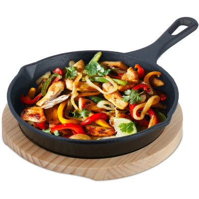 Image of Relaxdays Cast Iron Pan, Wooden Trivet, Serving Skillet Round, for Stove &amp; Grill, Barbecue Frypan, Ø 20 cm, Anthracite, 5 x 33 21.5 cm