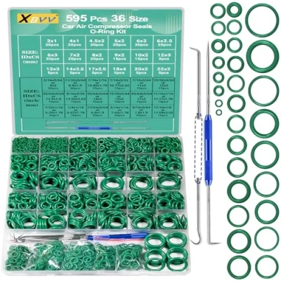 Image of XBVV 595 Pcs Metric and SAE Air Conditioning O Ring Kit for Automotive A/C, Compressor Professional Faucet Plumbing Seal Rings Repair with Picks,Resist Oil Heat (Green)