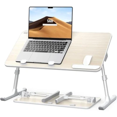 Image of Table, Desk, SAIJI Adjustable Laptop Stand, Bed Tray 5 Heights, 4 angles, Stable folding Desk for Sofa Fit up to 17&#039;&#039; (60 * 33cm Teak)