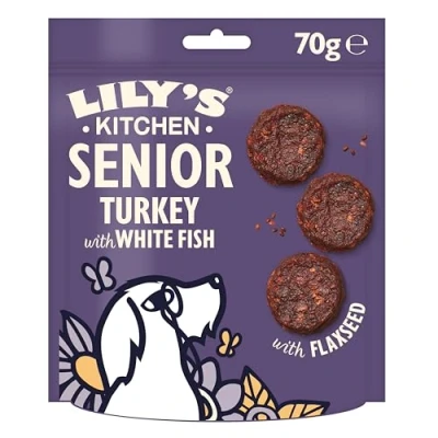Image of Lily’s Kitchen Made with Natural Ingredients Senior Dog Treats Packet Turkey White Fish Bites Grain Free Recipe 8 x 70g