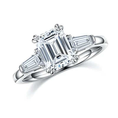 Image of MOOSEA 3 Stone Moissanite Rings for Women, 2ct Emerald D Color VVS1 Clarity Lab Created Diamond 14K White Gold Vermeil Double Claw Cut Women Mom Wife Gifts