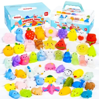 Image of Mulyng Mochi Squishy Toys 80 Pack, Kawaii Squishies Fidget Toy for Kids Party Favor Christmas Birthday Gift Easter Goodie Bags Fillers Classroom Prizes with Storage Box, Non Duplicates (80 Pack)