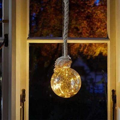 Image of 20 Micro Firelights LED Christmas Plastic Ball Bauble on Rope 15cm w Timer
