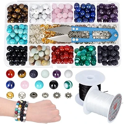 Image of Hakkin 387PCS Lava Stone Beads Kits, 8mm Round Gemstone Box Set with Natural Loose Beads, Alloy Spacer Roll Crystal Strings and Scissors for Bracelet Necklace Earrings Making