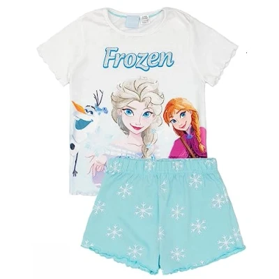 Image of Disney Frozen Girls Pyjama Set in Blue Kids T Shirt and Shorts Complete Pajamas Frosty Adventure PJ Nightwear Bundle Comfortable Loungewear Gift for Children Warm &amp; Cosy Princess Sleepwear