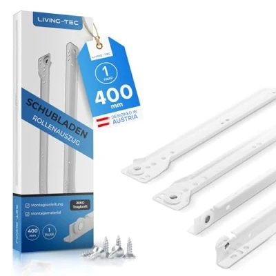 Image of Living Tec® Drawer Runners, Roller Extension, White, 400 mm Length, Complete Set (1 Pair), Rail System with Partial Smooth Runners Drawer, BP 032.400 1