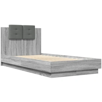 Image of vidaXL Small Single Bed Frame with Headboard &amp; LED Lights Grey Sonoma Finish, Plywood Slats, 75x190 cm, Modern Bedroom Furniture