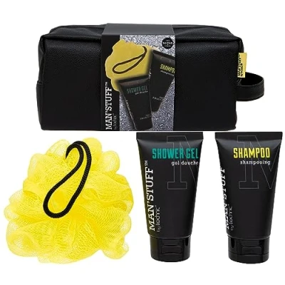 Image of Man Stuff Wash Bag Travel Set with Shower Gel, Shampoo &amp; Body Sponge