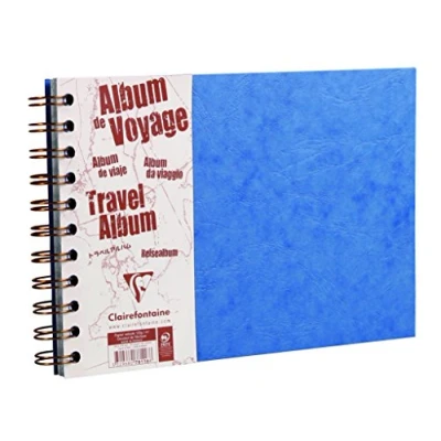 Image of Clairefontaine Ref 781064C Age Bag Wirebound Travel Album (80 Pages) A4 Size, Lined Rullings with Margin, 120gsm White Pages &amp; 160gsm Black Grained Blue