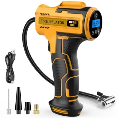 Image of Hjh Car Tyre Inflator Air Compressor, USB Rechargeable Battery Pump, 150PSI Portable Cordless with LED Light for Motorcycle Bike Ball
