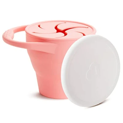 Image of Munchkin C’est Silicone Baby Weaning Pot Collapsible Snack Catcher Food Storage Container BPA Free Toddler Kids Small Tub w. Lid Spill Proof, &amp; Holder Coral
