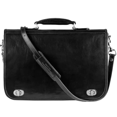 Image of Time Resistance Hand Crafted Leather Messenger Shoulder Bag 15 Inch Laptop Briefcase Business Attache Black