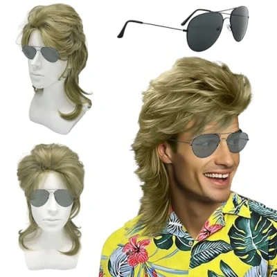 Image of UILYNIU Blonde Mullet Mens 80s Wig for Adult Men&#039;s Rocker Hippie Pop Rock Wigs Men Long Curly 70s Costumes Halloween Carnival Fashion Fancy Them Party (Blonde)
