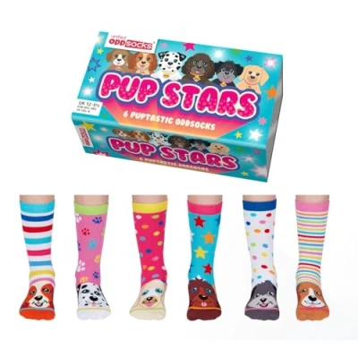 Image of United Oddsocks Pup Stars Box 6 Mix and Match for Girls, UK 12 5.5, EUR 30.5 38.5. Fun Novelty Birthday,Christmas, Dog Socks Gift Girls