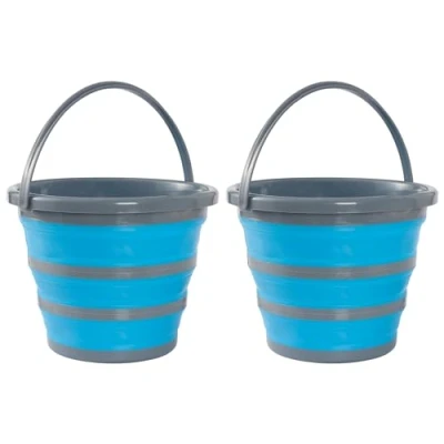 Image of Bramble 2 Pack 10 Litre Collapsible Multi use Portable Cleaning Fishing Camping Silicone Bucket, Space Saving Design for Home &amp; Outdoors Flattens to 5cm (2 Pack) Blue/Grey