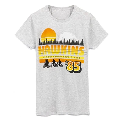 Image of Stranger Things T Shirt for Adults Mens Women Hawkins Town ‘85 Strange Happen Here Grey Outfit Season 4 Merchandise