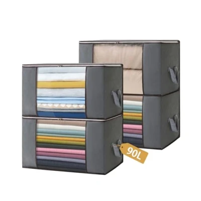 Image of Boic 4 Pack Clothes Storage Bags, 90L Large Capacity Boxes, Foldable Bags With Zips, Clothing Lids Organiser For Toys, Clothing, Bedding, Blankets