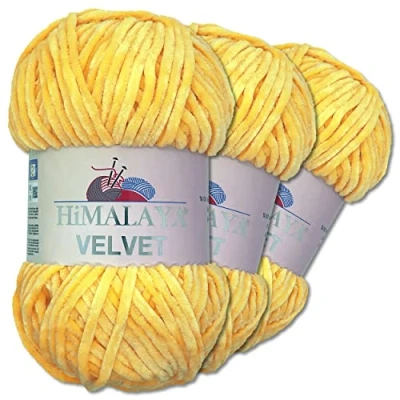 Image of Wohnkult Himalaya 3 x 100 g Velvet Dolphin Wool, 40 Colours to Choose From, Chenille Knitting Yarn, Fleece Shiny Accessory, Clothing, Blankets (90013 Yellow)