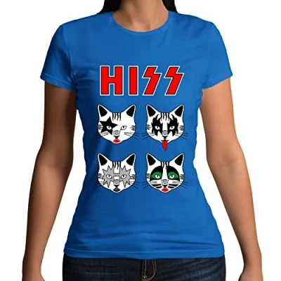 Image of Womens Hiss Kiss Cats Kittens Rock Funny Parody T Shirt Royal Blue UK 14 16 (XXL)